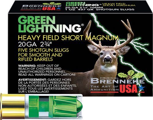 A2007025_1 BRENNEKE USA GREEN LIGHTNING - 20GA 2.75" 1OZ SLUG 5RD 50BX/C