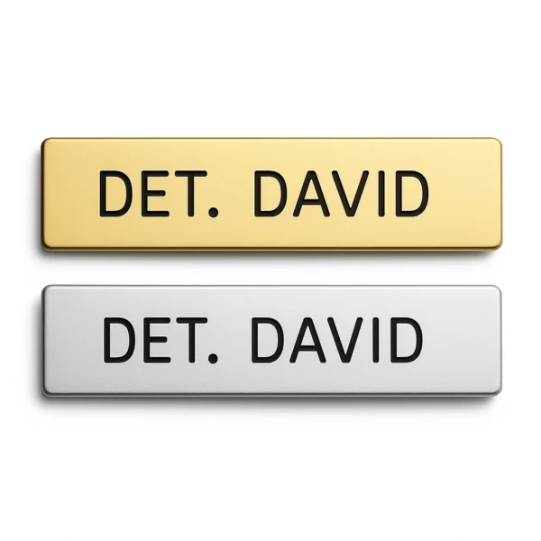 Custom Police, Fire, Municipal Name Tag – Engraved Metal Plate in Gold or Silver With Clutch 5/8" X 2-1/2"
